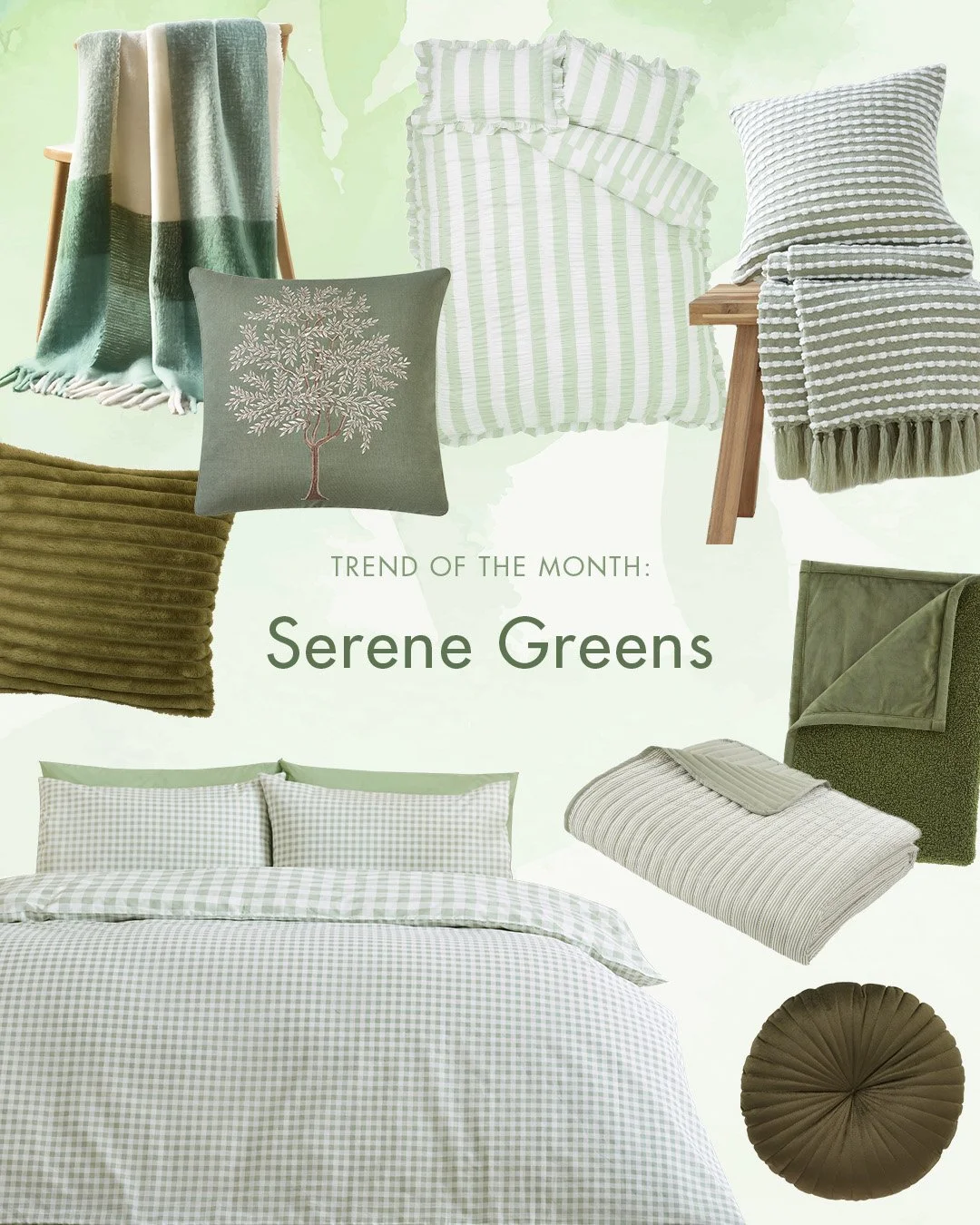 Our trend of the month, Serene Greens, brings together soothing shades, subtle texture and timeless patterns to refresh your space for the season. 🍃

#serenegreens #catherinelansfield #bedroomstyling #homedecorideas #summerinteriors #softfurnishings