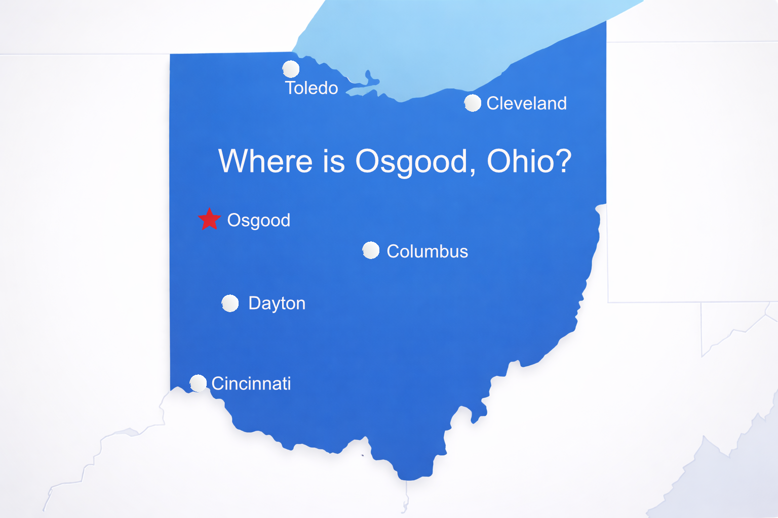 Map highlighting Osgood, Ohio with a red star, with nearby cities Toledo, Cleveland, Columbus, Dayton, and Cincinnati, and the question 'Where is Osgood, Ohio?' in the center.