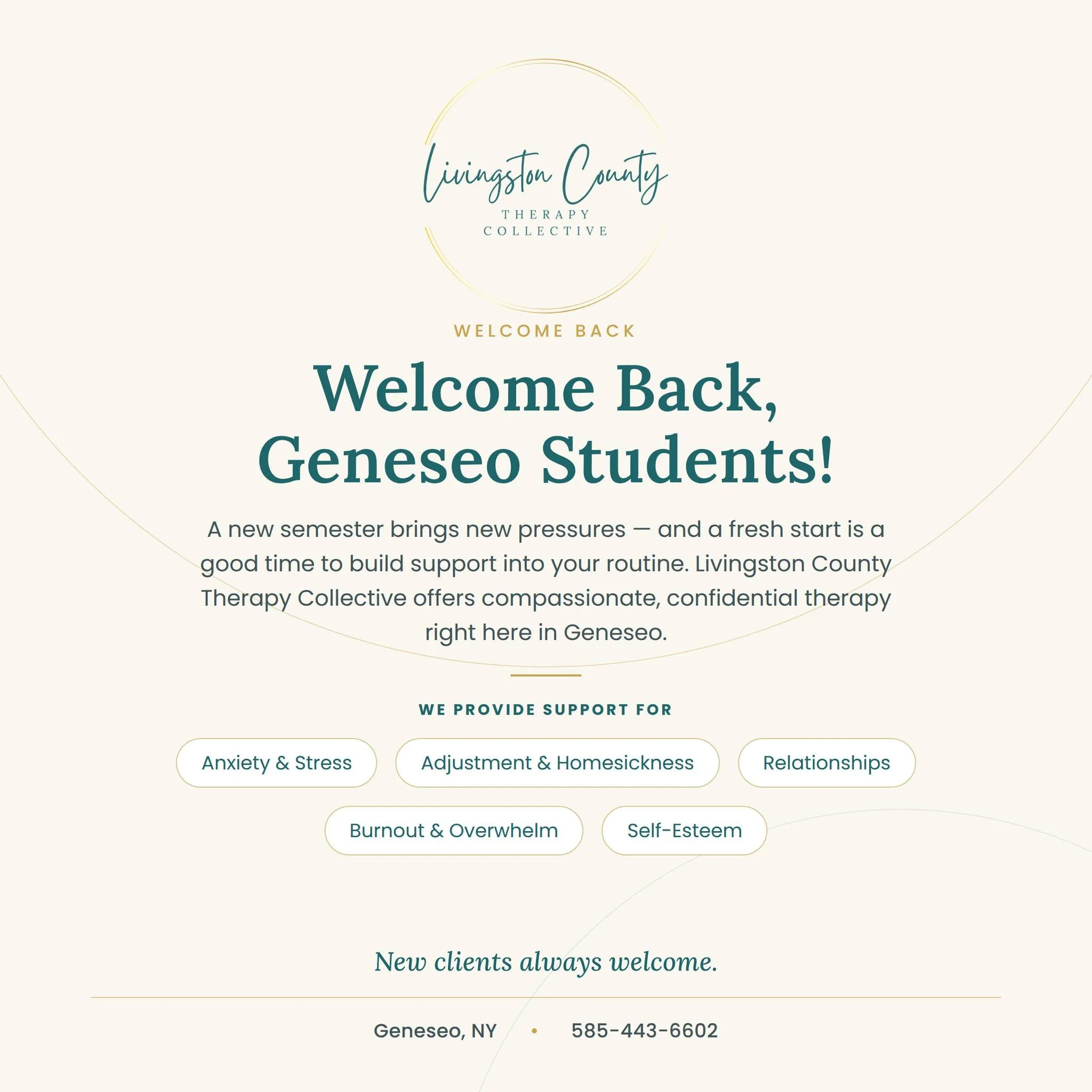 New semester, fresh start. 

If the transition to campus has you feeling anxious, overwhelmed, or just not like yourself, you don't have to navigate it alone. 

Livingston County Therapy Collective is here to support SUNY Geneseo students through the