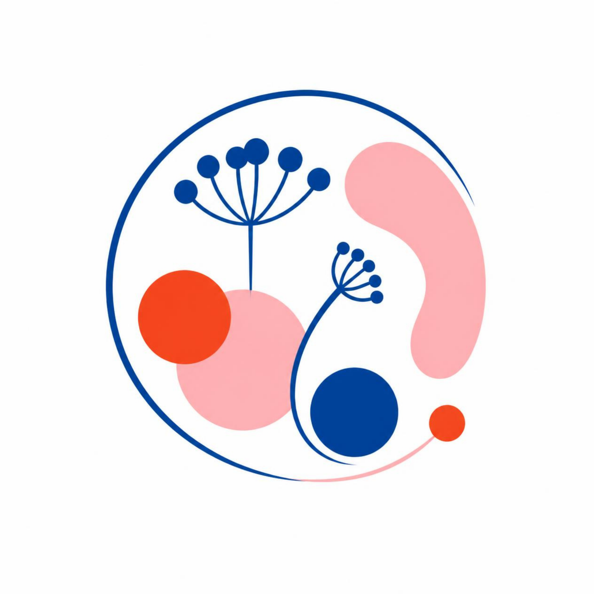Abstract digital illustration with various colored circles and floral-like elements, primarily in shades of blue, pink, and red.