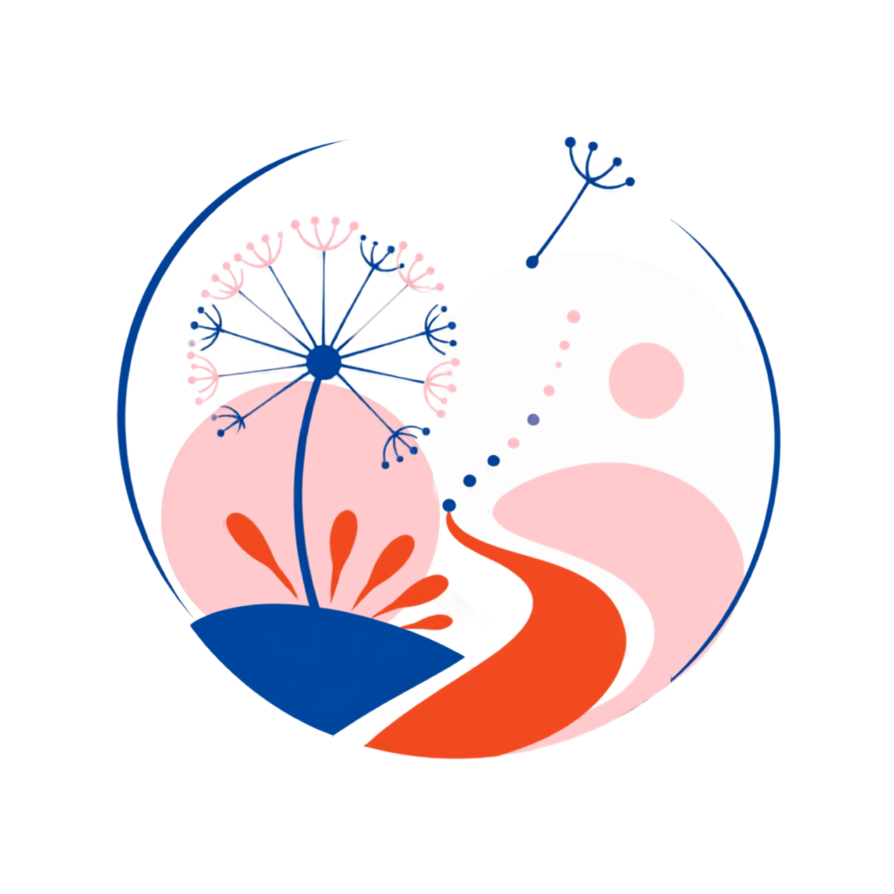 Abstract floral design with a stylized dandelion, a winding pathway, and various organic shapes in shades of pink, blue, and orange on a white background.