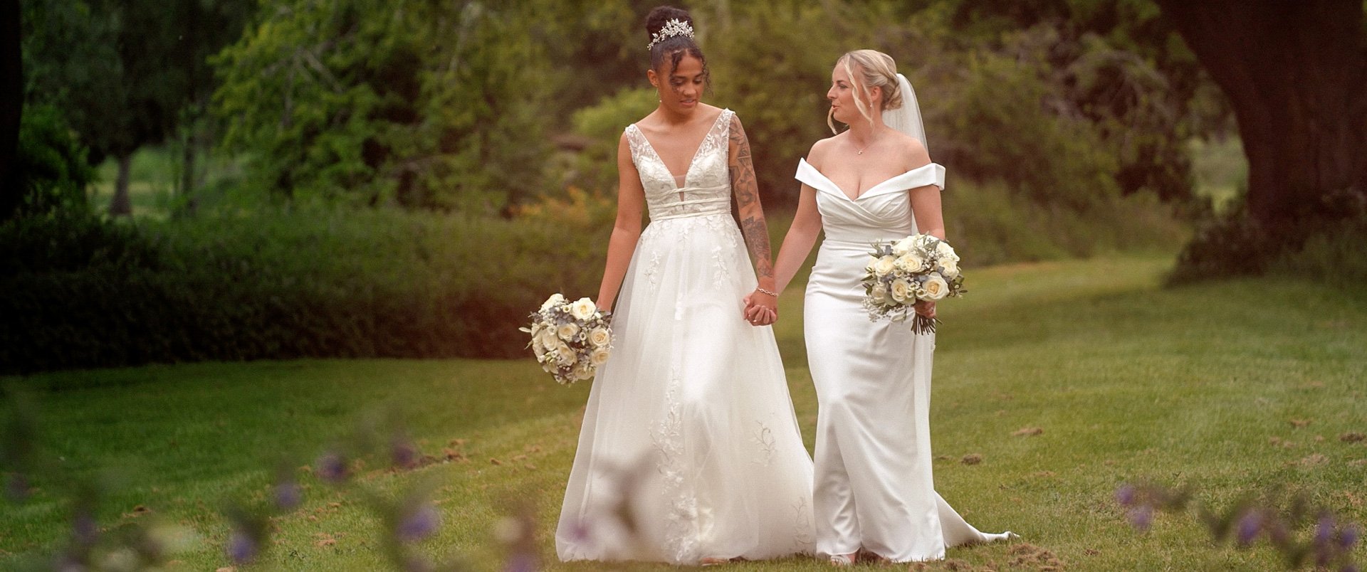 Brides holding hands at All Saints Hotel, Suffolk
