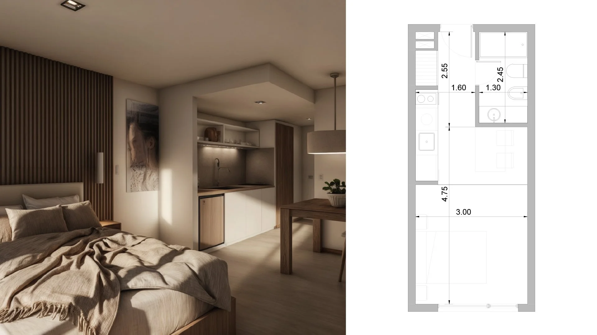 05. Monoambiente. Nivel 1, 2, 3 & 4. Sup. Total: 24,44m2