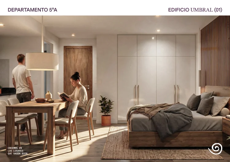 Render del monoambiente 05-A con terraza propia y vista al lago