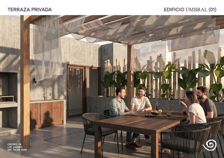 Render de la terraza común de Umbral 1 con vista al lago Nahuel Huapi