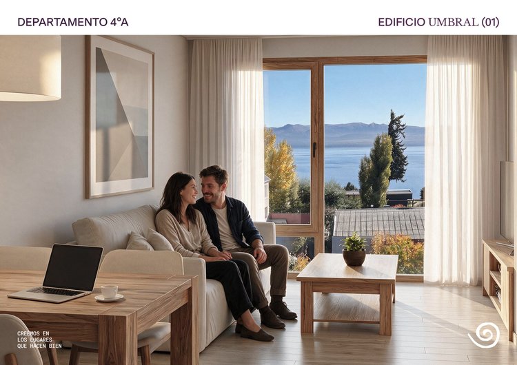 Render del estar comedor de la unidad 04-A con vista al lago