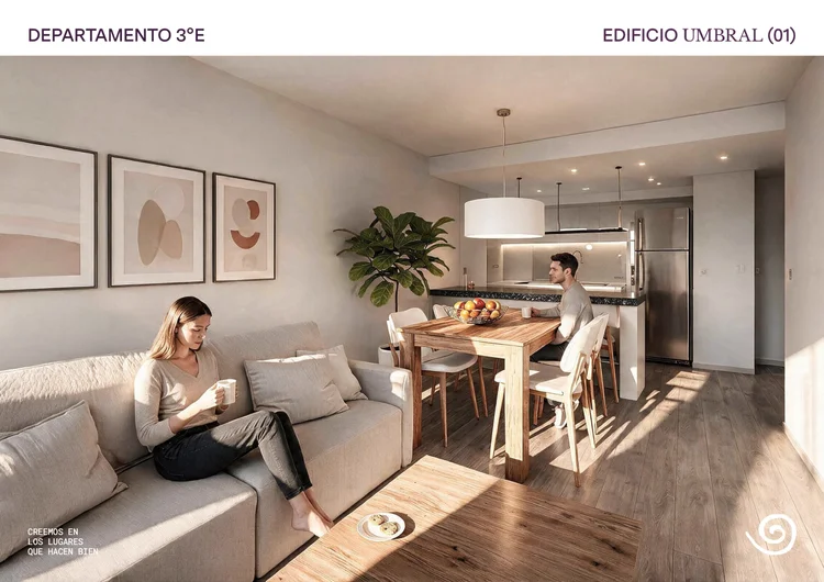 Render del estar comedor de la unidad 03-E
