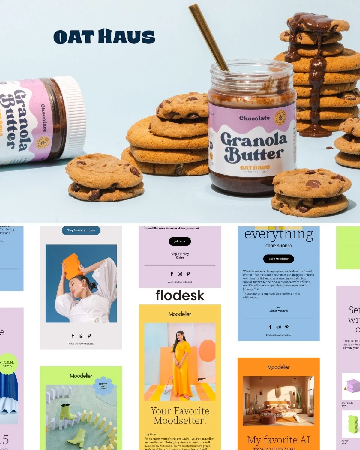 Logos and branding visuals from Oat Haus and Flodesk showing successful examples of strategic branding and visual consistency