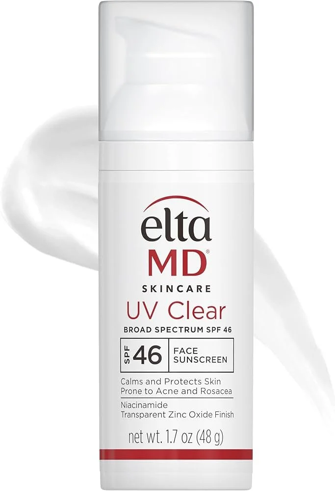 EltaMD UV Clear SPF 46 face sunscreen bottle, 1.7 oz, with text highlighting broad spectrum protection, niacinamide, and transparent zinc oxide.