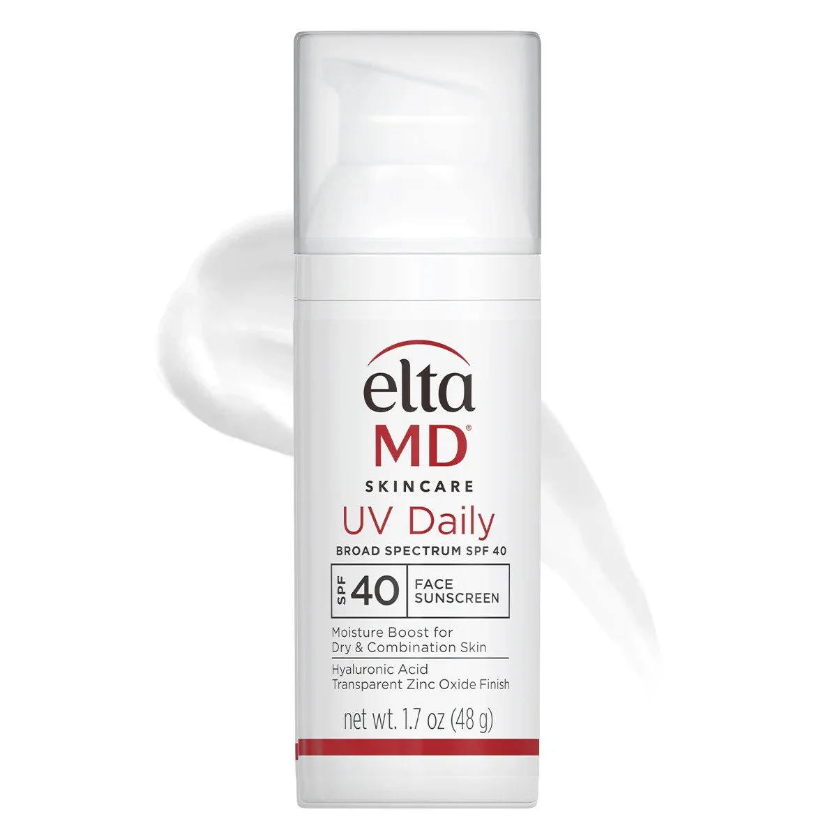 EltaMD UV Daily SPF 40 Face Sunscreen bottle with swatch in background.