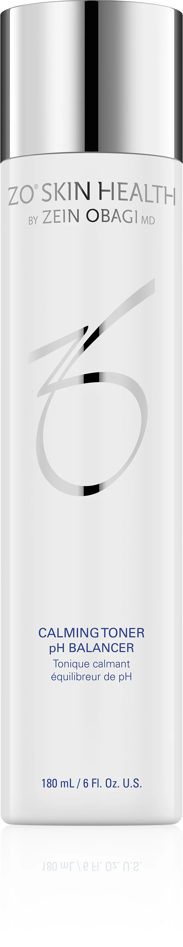 ZO Skin Health Calming Toner pH Balancer bottle, 180 mL, with silver cap.