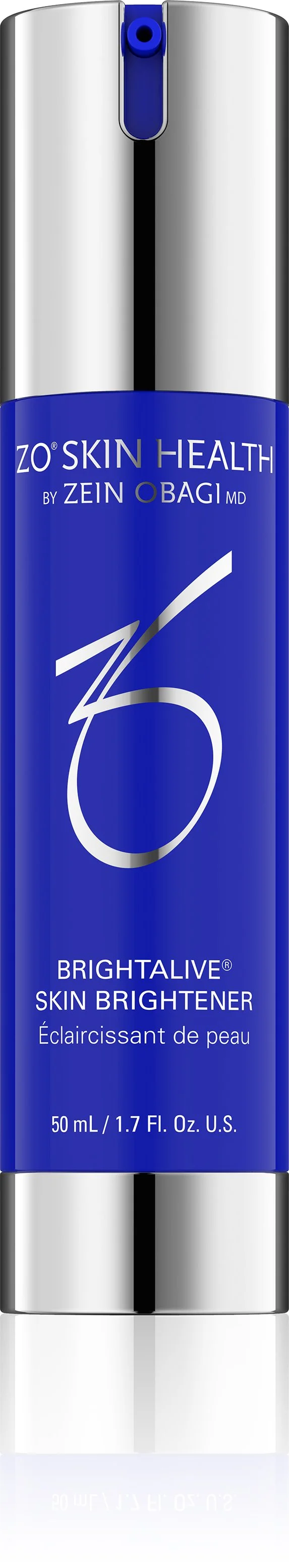 ZO Skin Health Brightalive Skin Brightener bottle with silver and blue design, 50 mL size.