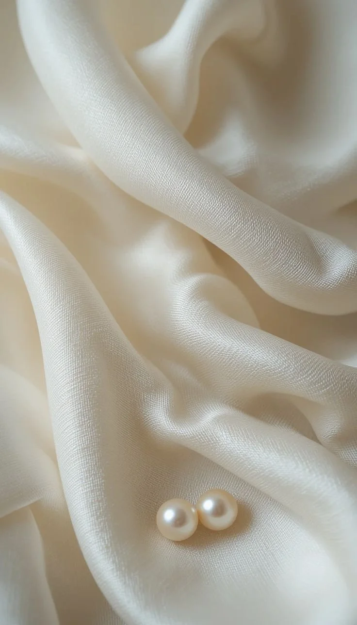 Two pearls on cream-colored silk fabric background.
