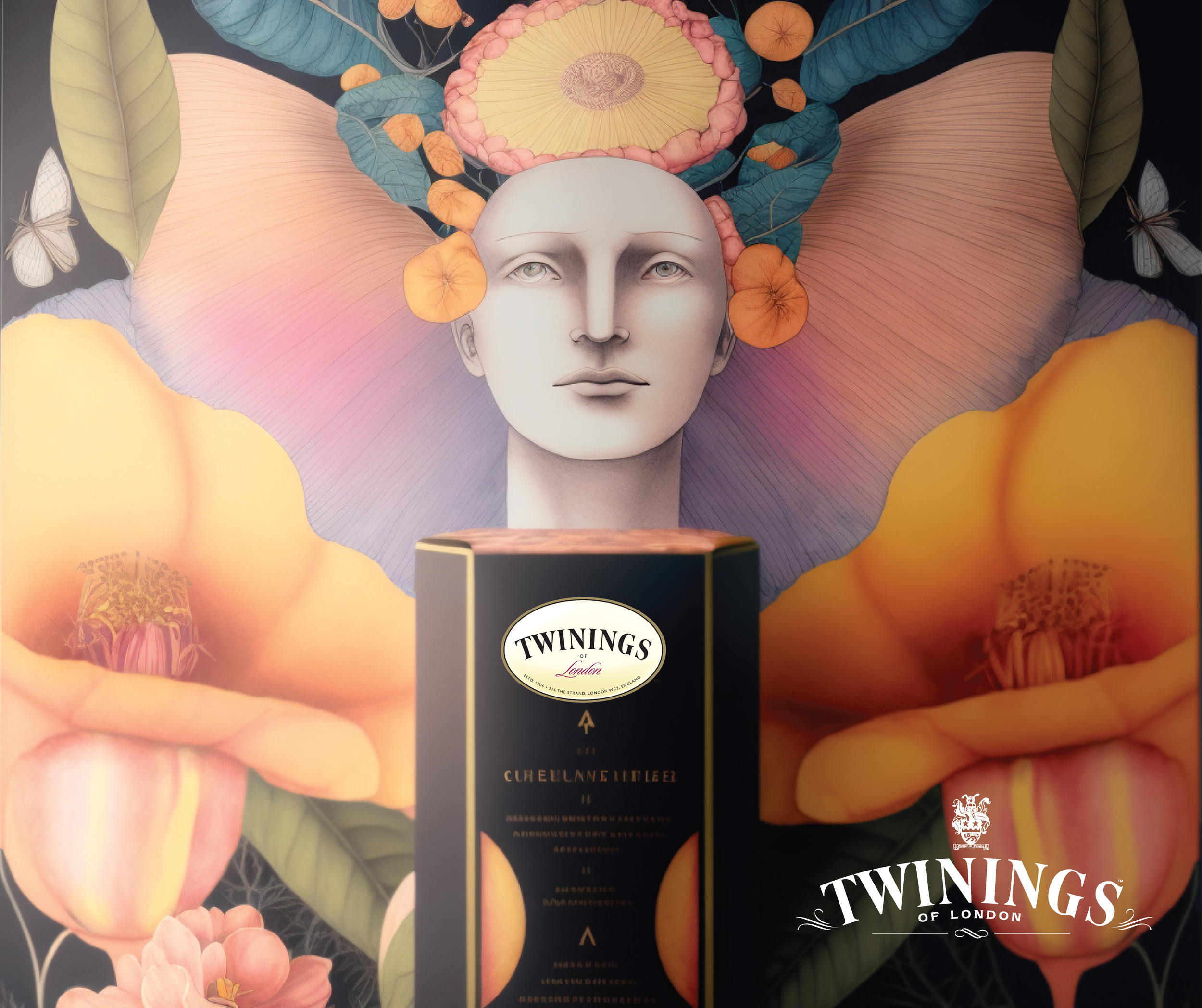 A box of Twinings of London Chellanine Herbal Tea is placed in front of a colorful background with large flowers, a woman's face, and butterflies.