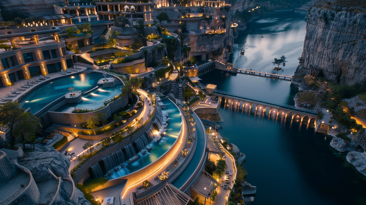 Aerial view of a luxury resort with multiple terraces, waterfalls, and pools, illuminated at dusk, nestled among cliffs and overlooking a river.