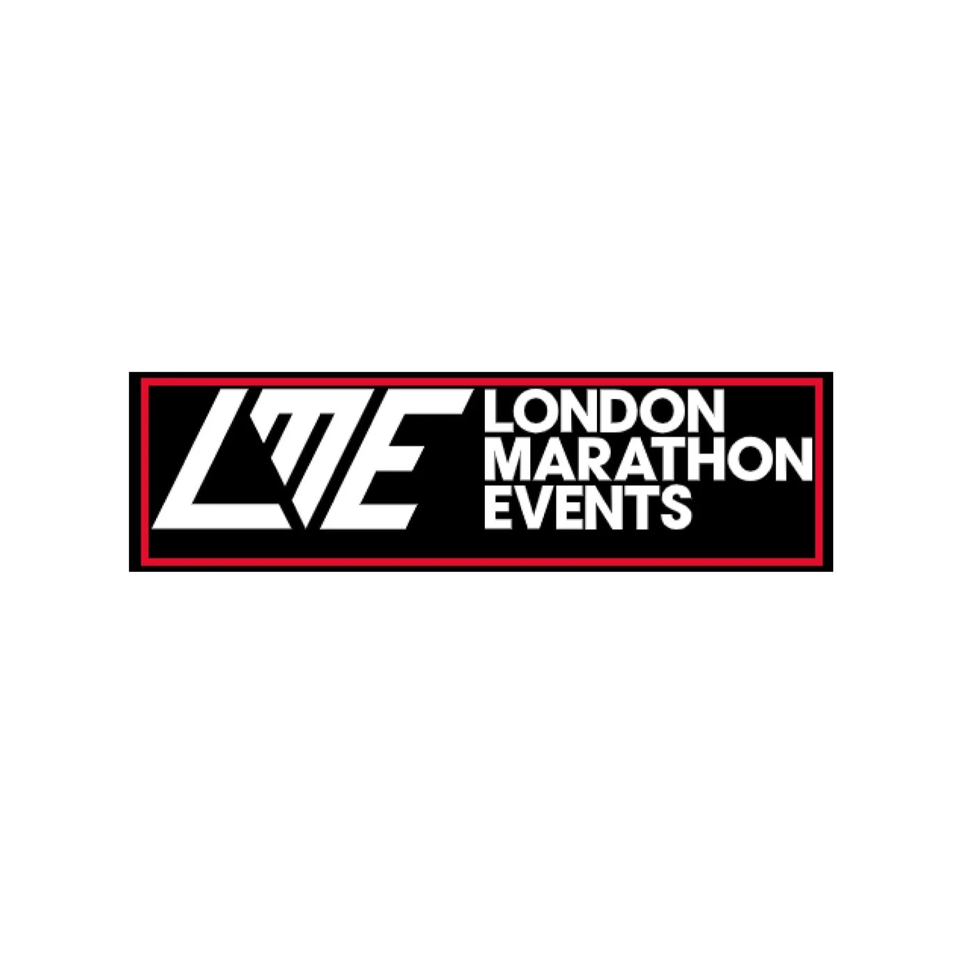 Logo for London Marathon Events, featuring stylized white text on black background with red outline.
