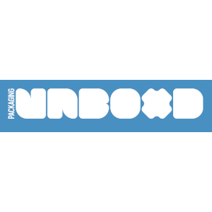Packaging design with the word "UNBOXED" in large white letters on a blue background and the word "PACKAGING" in smaller white letters vertically aligned on the left side.