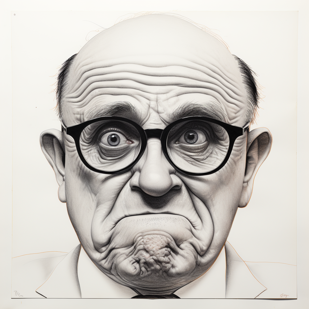 A black-and-white caricature of an elderly man with exaggerated facial features, large round glasses, and a humorous, unhappy expression.