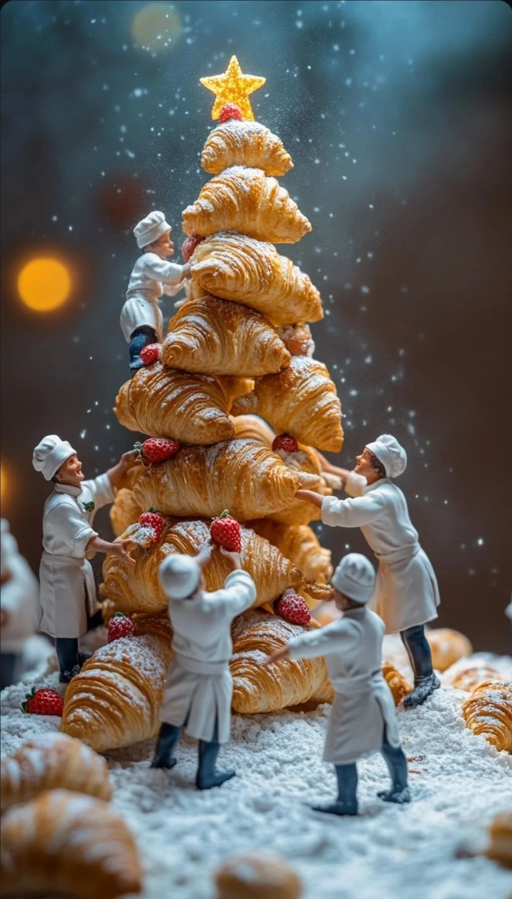 Miniature chefs adorably decorating a Christmas tree made of croissants, strawberries, and powdered sugar, with a star topper and a snowy background.