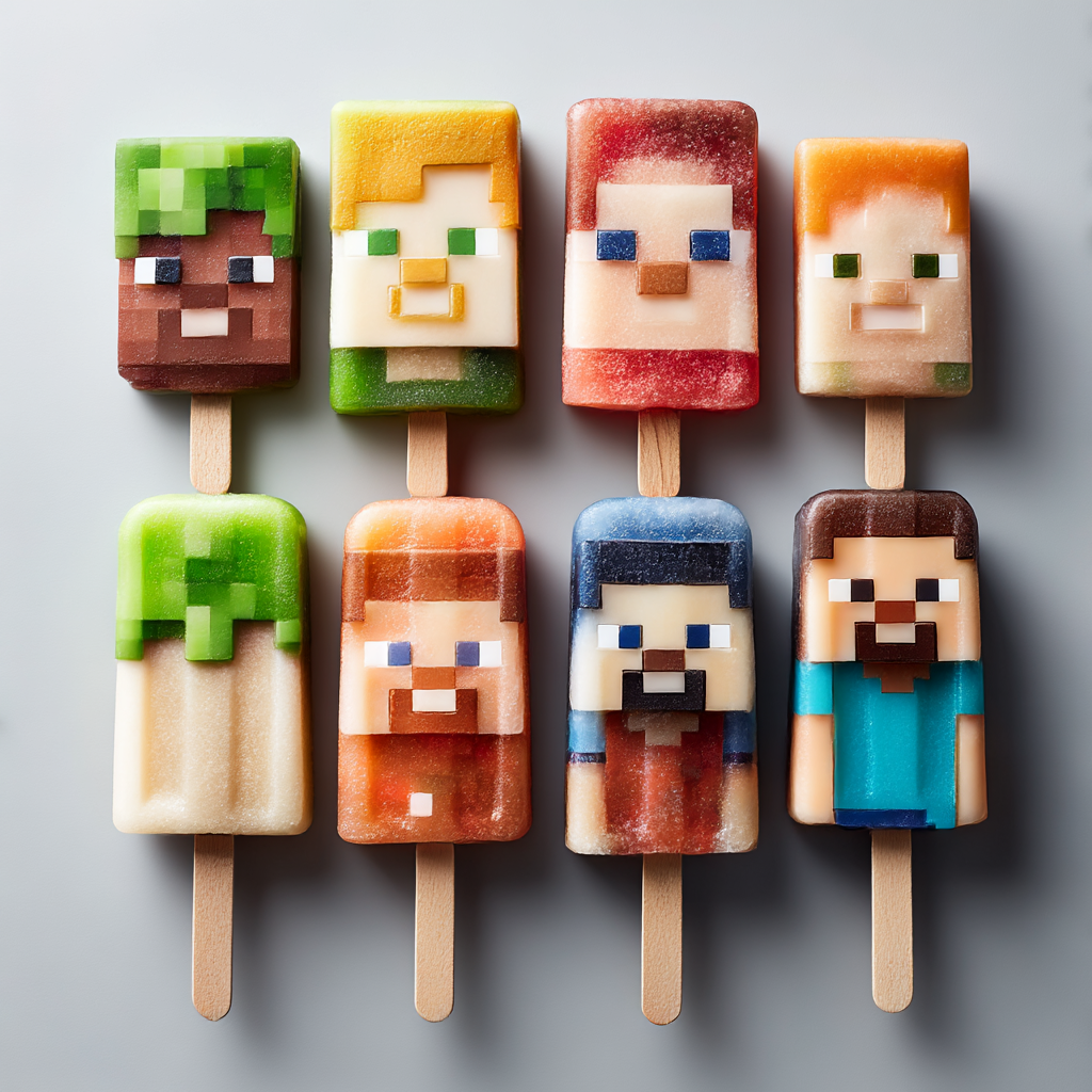 Pixel art-style ice cream popsicles with characters inspired by Minecraft, featuring various faces and hair styles, arranged in a 2x4 grid on a white background.