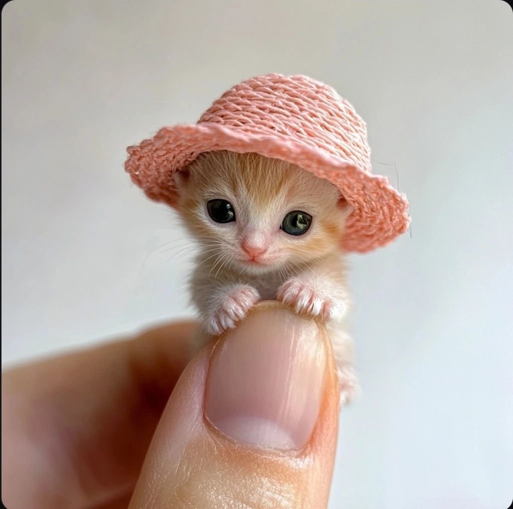 A tiny orange kitten wearing a pink straw hat, sitting on a person's finger.