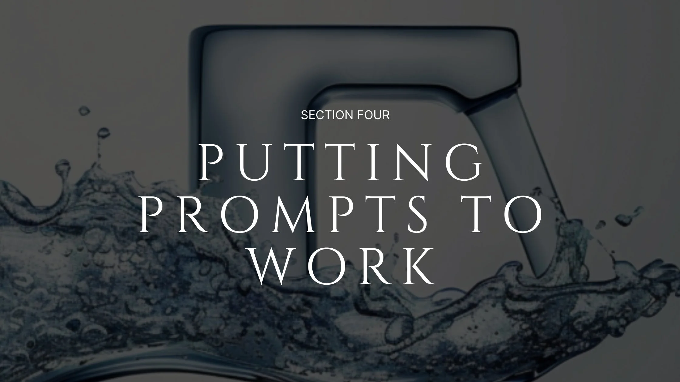 A kitchen sink with water running, with overlay text about writing prompts for work.