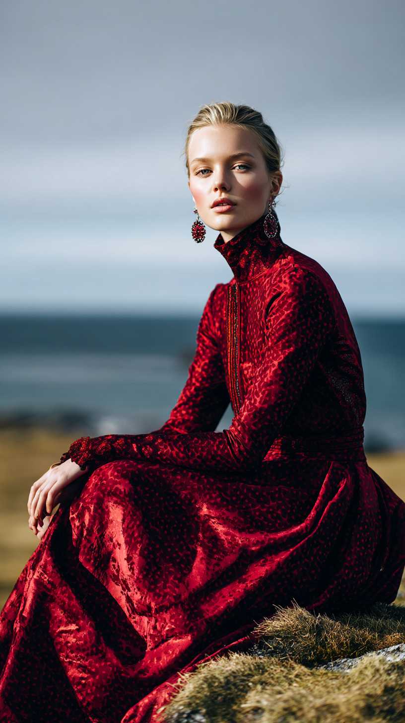 A young woman with blonde hair sits outdoors on the ground wearing a red velvet dress with a leopard print pattern and large earrings. The background features a cloudy sky and a distant ocean or large body of water.