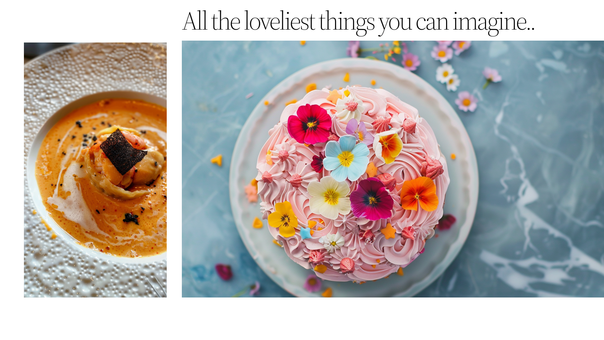 A display of two desserts: on the left, a bowl of creamy soup with a piece of dark bread or cracker on top, garnished with black pepper and a swirl of cream. on the right, a pink cake decorated with colorful edible flowers and small decorative candies, on a blue surface with scattered small flowers.