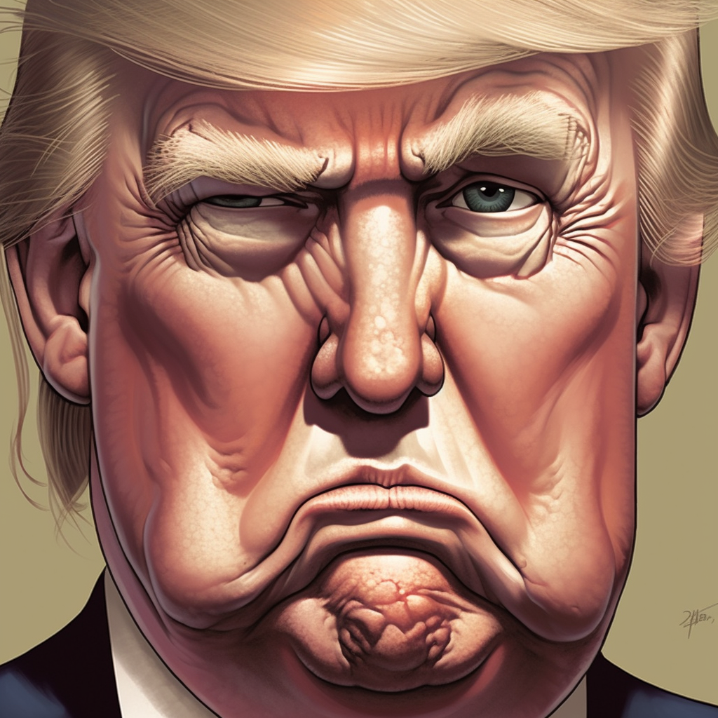 A caricature of Donald Trump with exaggerated facial features, including prominent wrinkles, pursed lips, and a stern expression.