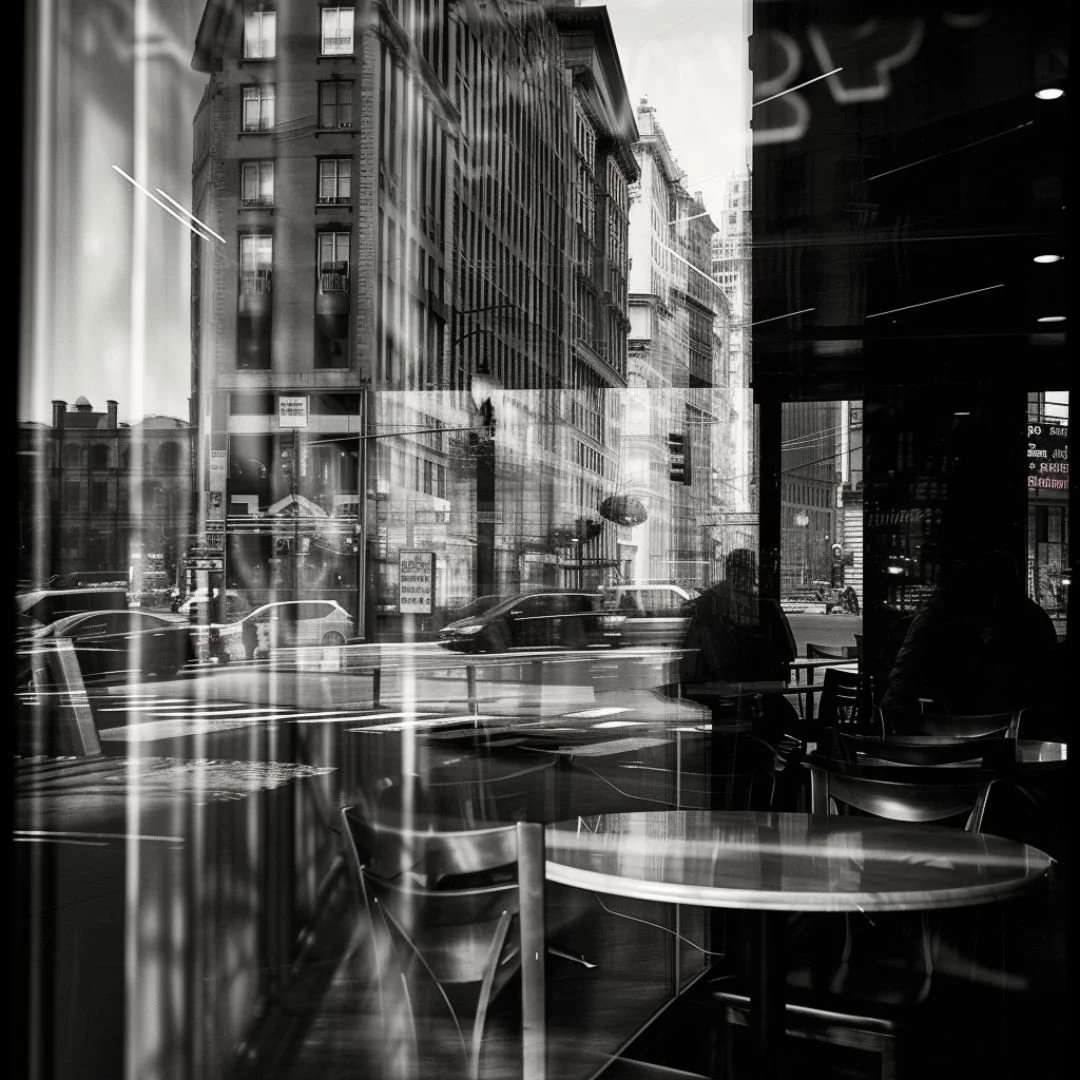 Black and white photo of a cityscape seen through a cafe window, with parked cars and tall buildings, reflecting figures sitting inside the cafe.