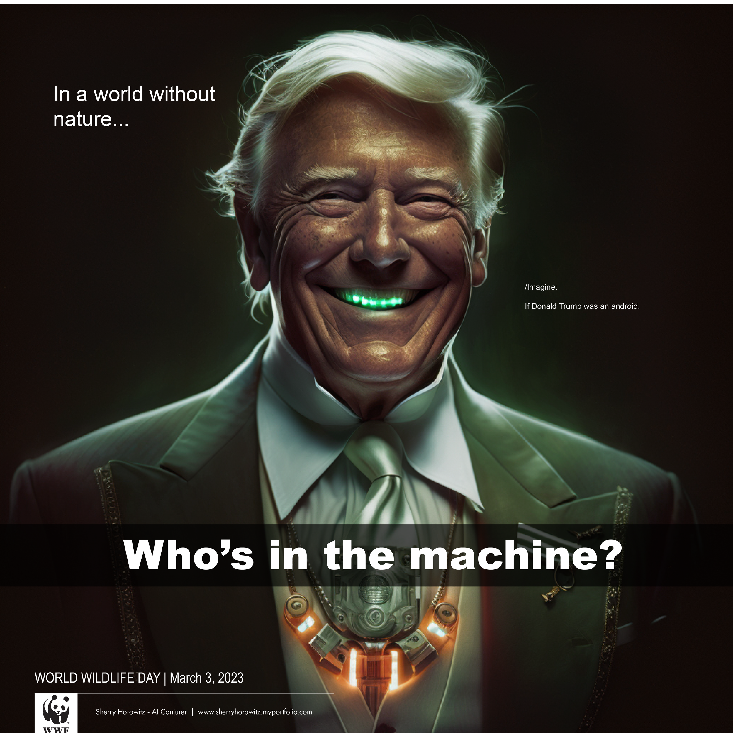 A digitally manipulated image of Donald Trump with a large, exaggerated smile and a glowing green mouth, wearing a suit with a futuristic, robotic neckpiece. The background is dark with greenish lighting. Text on the image reads: "In a world without nature..." and "Who’s in the machine?" It is in observance of World Wildlife Day, March 3, 2023.