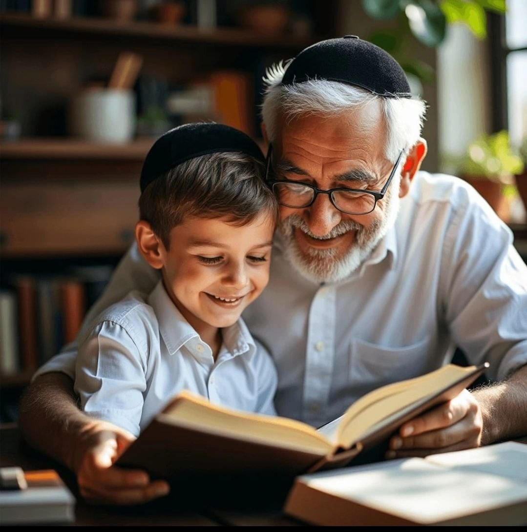 An elderly man and a young boy, both wearing yarmulkes, are smiling and reading a book together in a cozy, well-lit room with bookshelves and plants in the background.