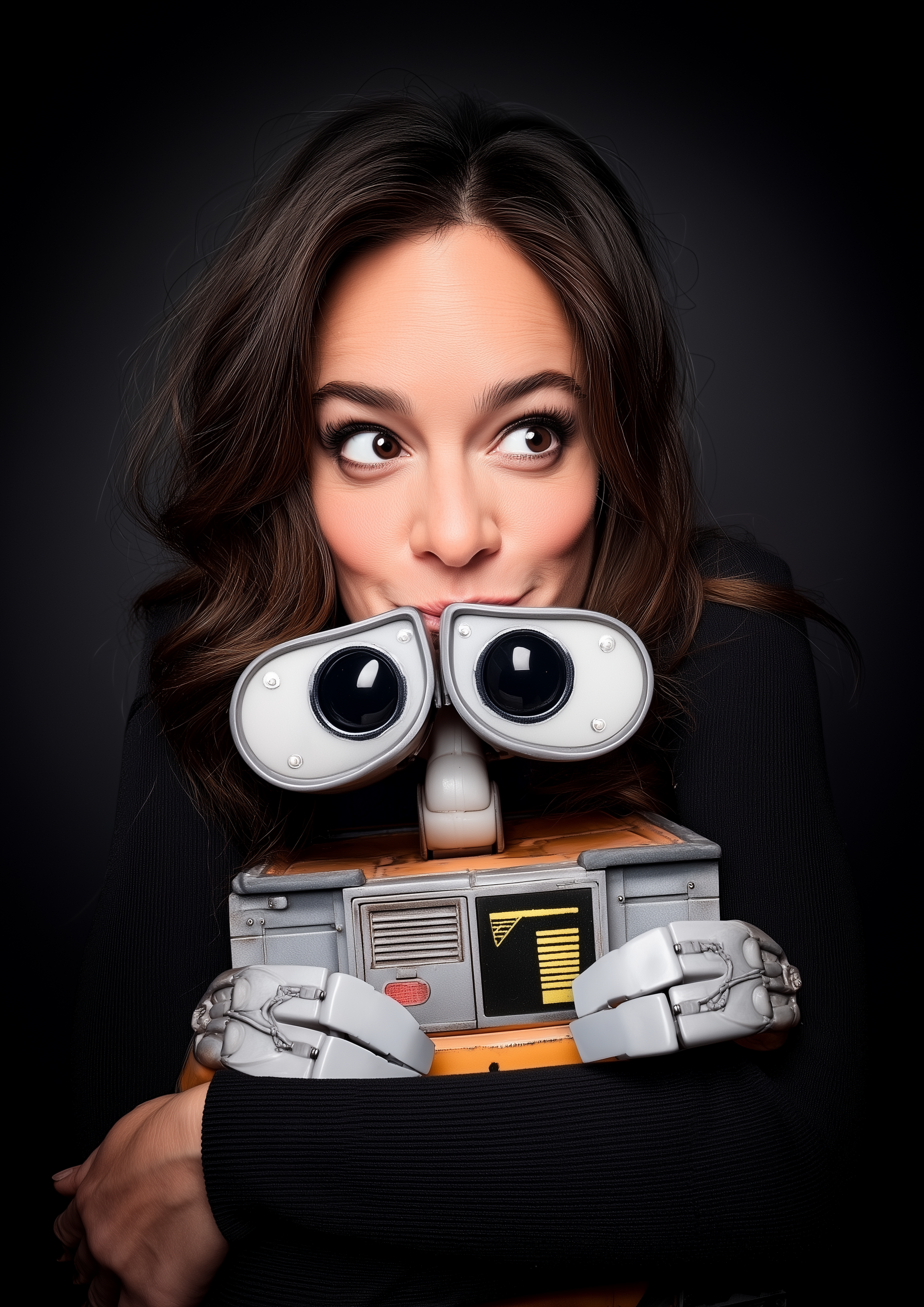 Young woman with dark hair holding a WALL-E robot toy close to her face, smiling and looking to the side, dark background.