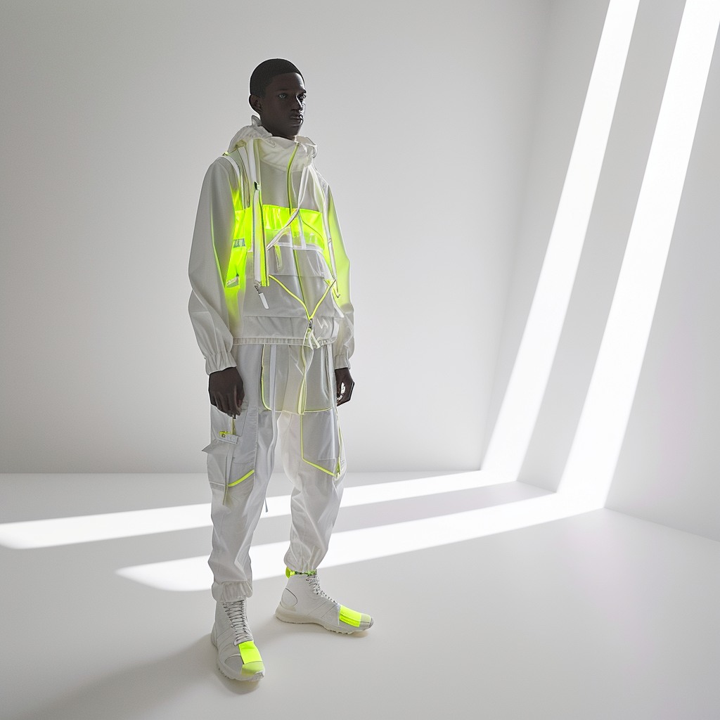 Person wearing a white high-tech futuristic outfit with neon yellow accents, standing in a minimalist white room with geometric light fixtures.