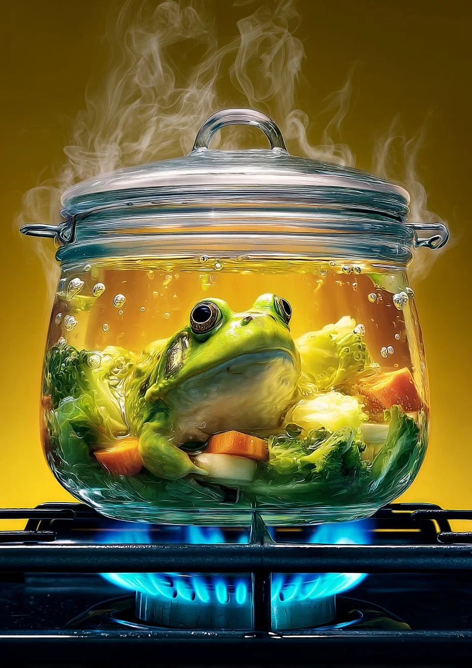 A glass kettle on a stove with boiling water and a green frog sitting inside surrounded by vegetables, with steam rising from the lid.