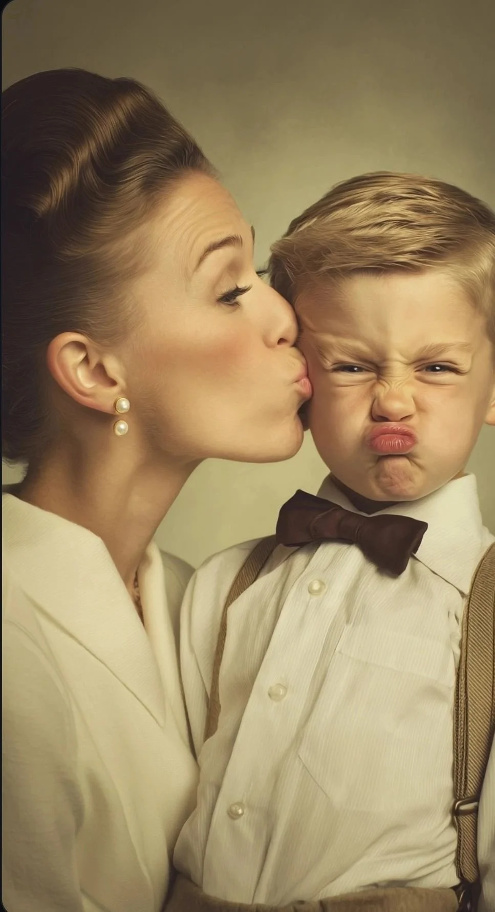 A woman is kissing a young boy on the cheek, who is making a funny, scrunched-up face.