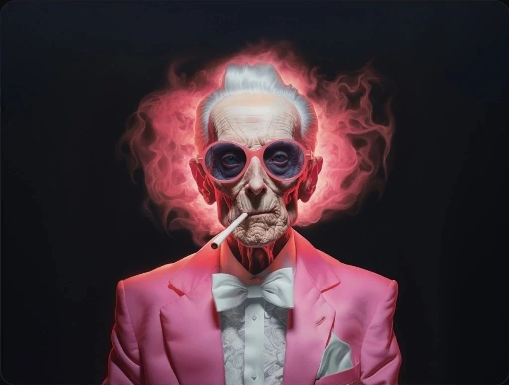 An elderly person with a cigarette and sunglasses, dressed in a pink suit and bow tie, with pink smoke or hair swirling behind them, against a dark background.