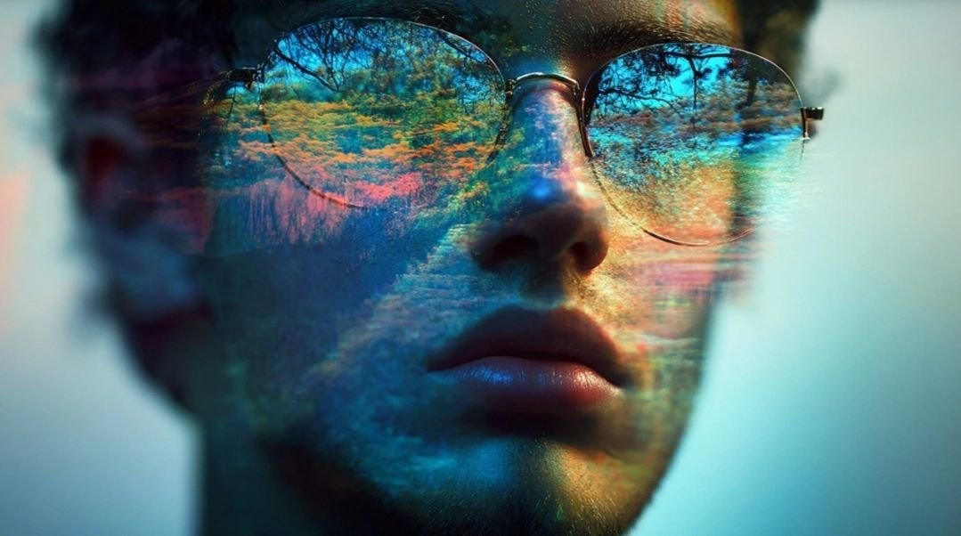 Close-up of a person's face wearing sunglasses, with an overlay of a colorful landscape reflected in the glasses, creating a double exposure effect.