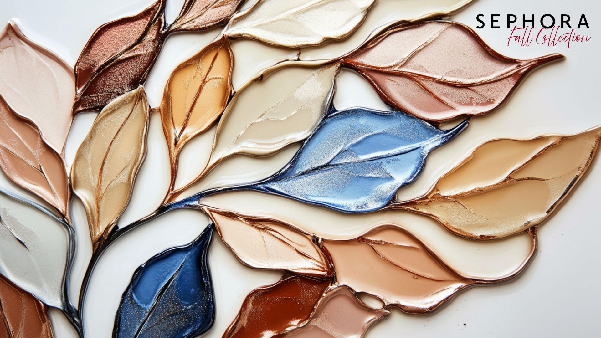 Abstract art featuring multicolored leaf shapes with metallic accents, promoting Sephora fall collection.