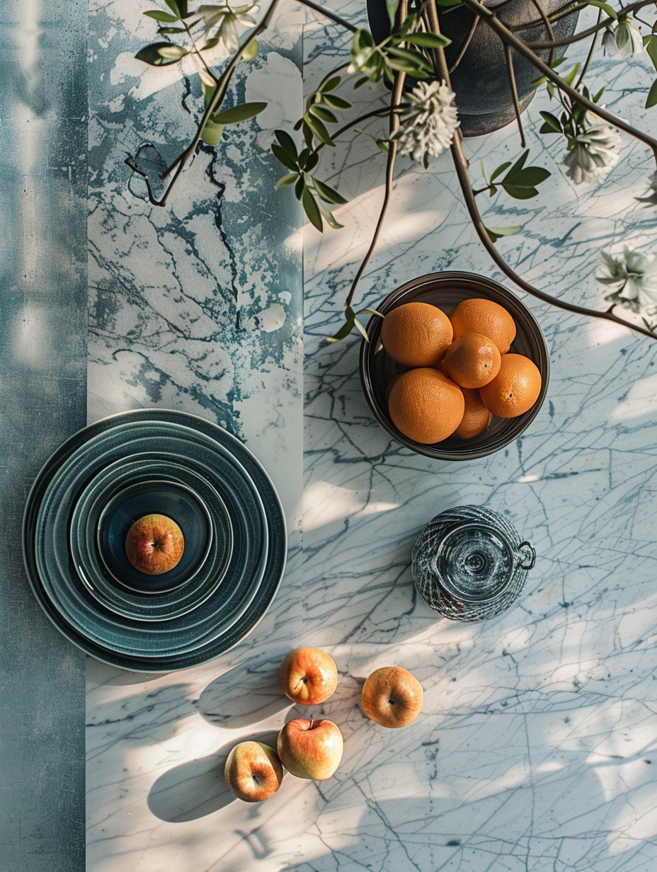 A marble countertop with a small bowl of oranges, a black and white patterned glass, a stack of dark green plates with a small apple on top, and four apples on the surface. A potted plant with white flowers and green leaves is overhead, casting shadows on the table.