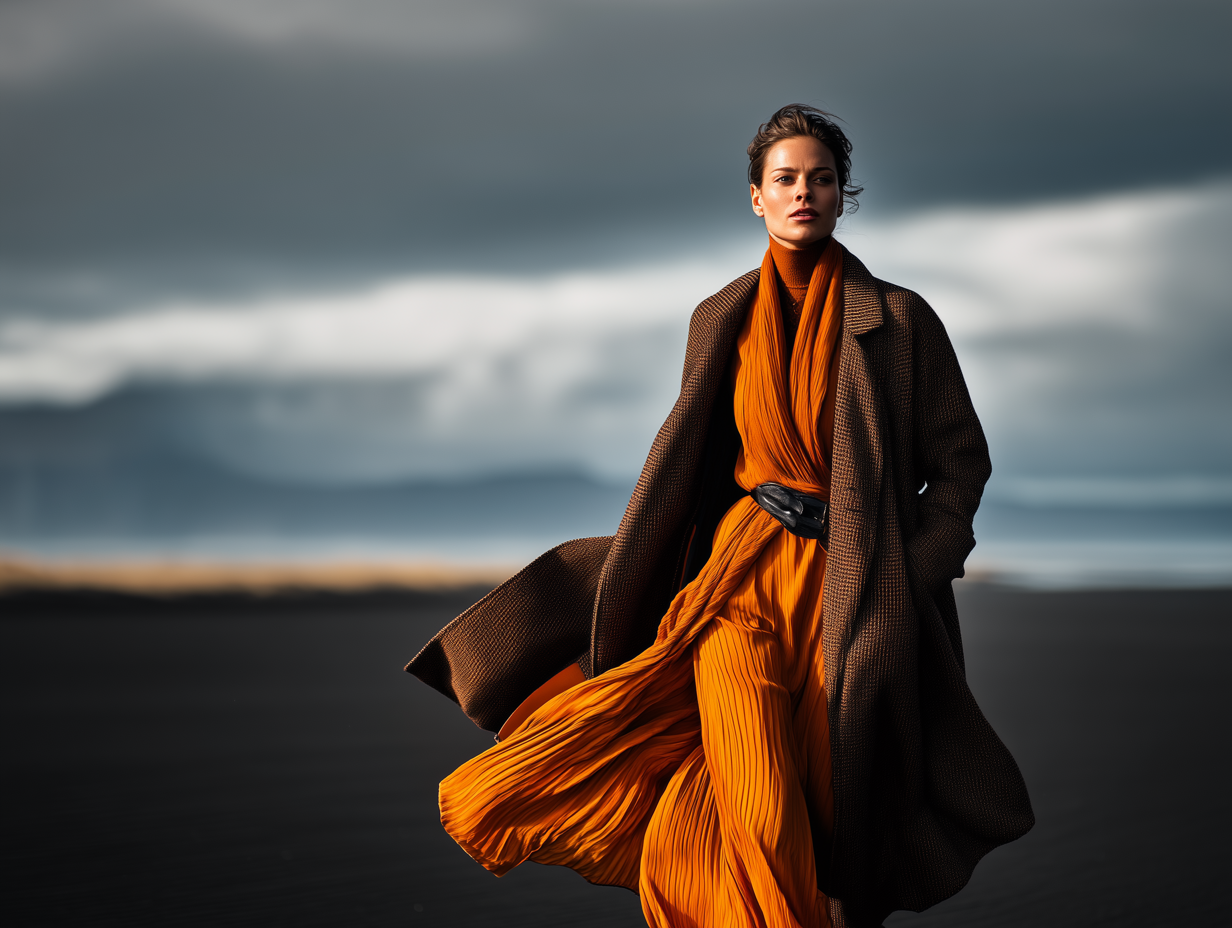 A woman standing outdoors in a dramatic landscape with dark clouds, wearing a long orange dress with pleats, a patterned brown coat, and an orange scarf.