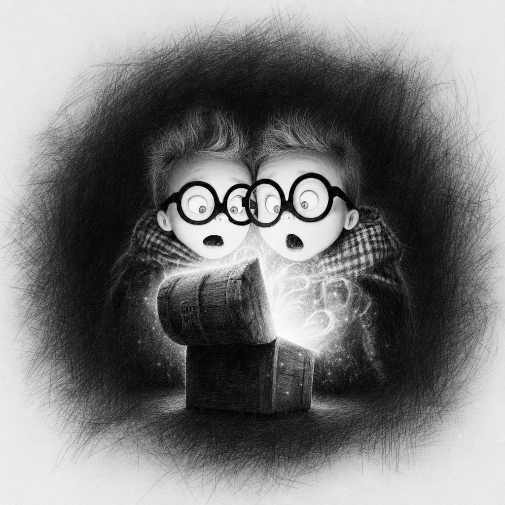 Two children with spiky hair, glasses, and surprised expressions, looking at a glowing treasure chest emitting sparkles, in a dark sketchy background.