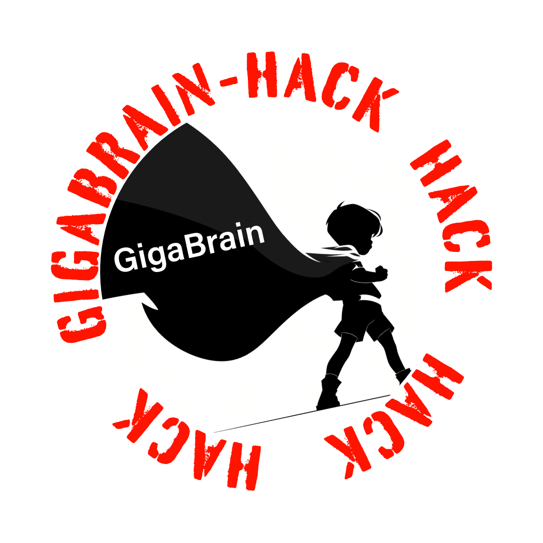 A silhouette of a child wearing a cape, standing with arms folded, surrounded by red text that reads "GIRL, BABY, INFANT, GIGABRAIN, HACK, HACK, HACK, HACK, HACK, HACK, HACK, HACK, HACK, HACK, HACK, HACK" arranged in a circle.
