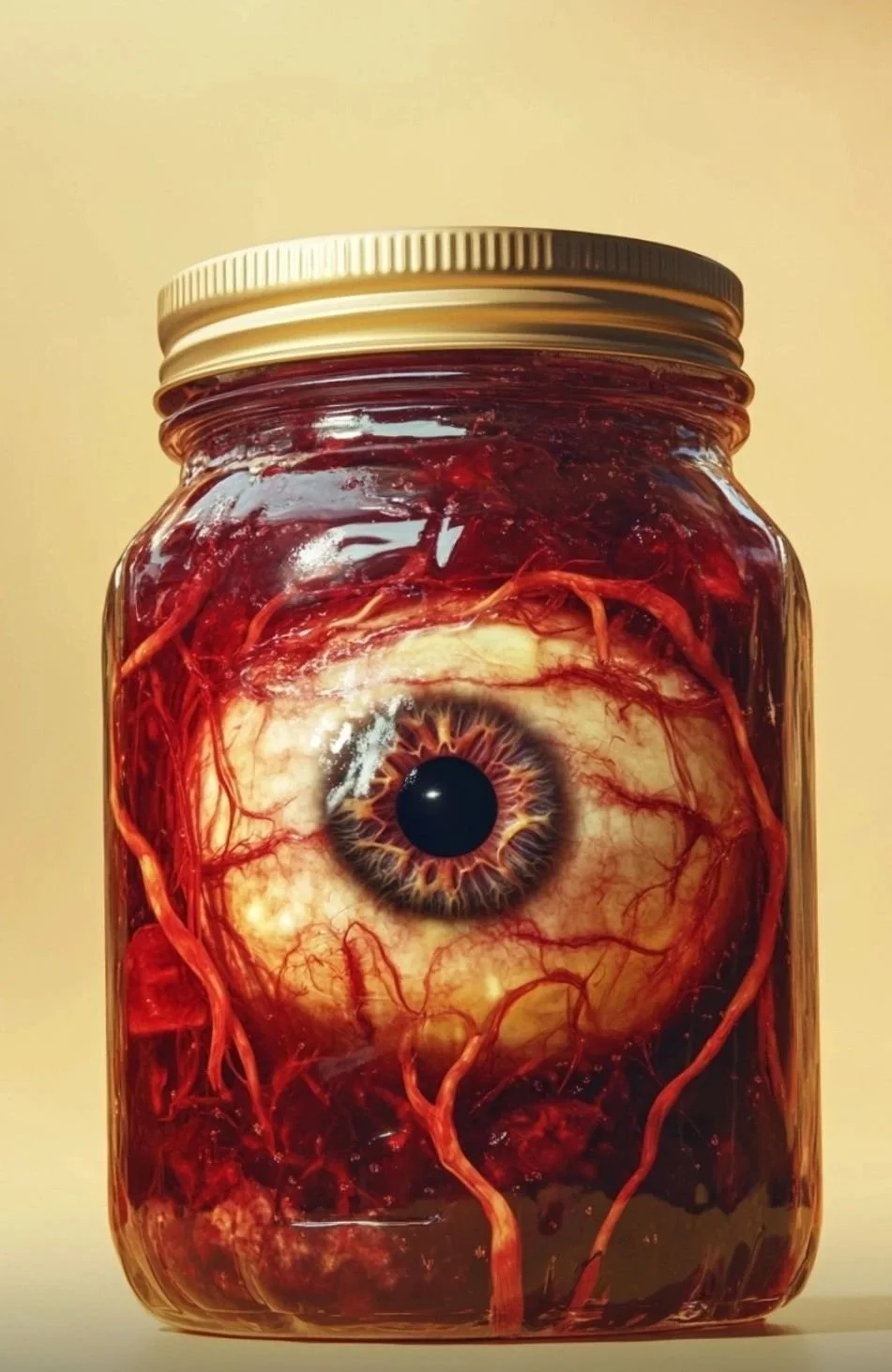A jar filled with a dark liquid containing a realistic human eye with detailed iris and blood vessels visible through the glass.