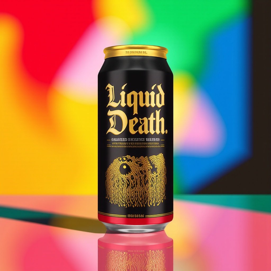 A black can of Liquid Death sparkling water with gold and red accents, featuring stylized text and a graphic of a skull with a beard made of detailed gold lines, set against a colorful blurred background.
