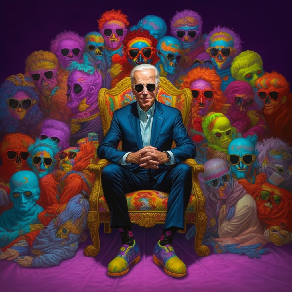 An older man in a blue suit and sunglasses sitting on a colorful ornate throne, surrounded by a vibrant, otherworldly group of people with neon-colored skin and wearing sunglasses, set against a dark background.