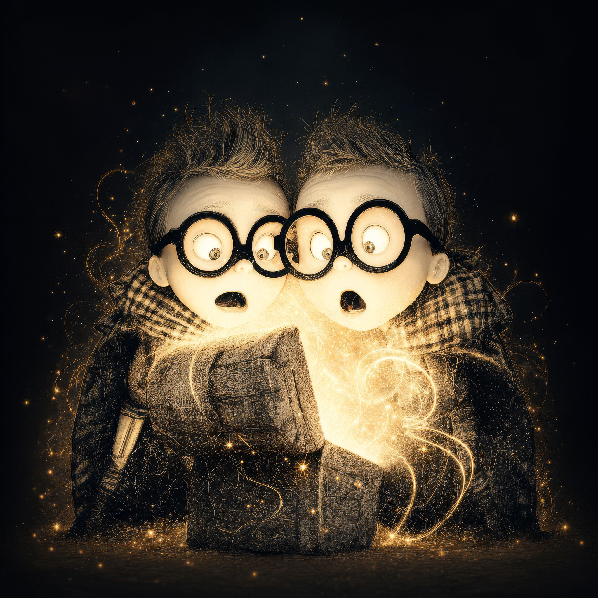 A decorative figure with glasses, has blonde hair, and is illuminated by sparks and golden light, standing amidst sparks and glowing elements against a dark background.