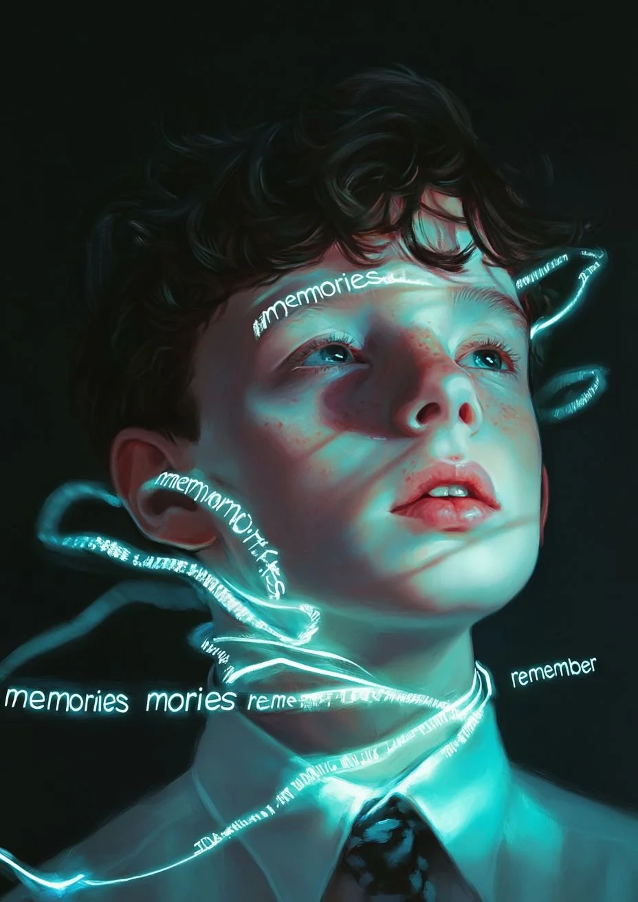 A digital artwork of a young boy with curly hair, looking upward with a thoughtful expression. The image features glowing neon words like 'memories', 'mories', and 'remember' swirling around his face and neck, creating a surreal, futuristic atmosphere.