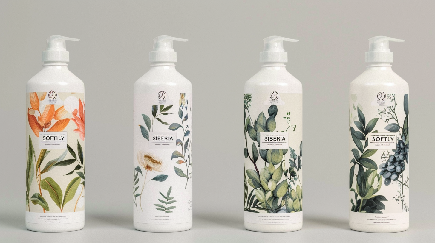 Four bottles of softening shampoo with botanical illustrations on their labels, arranged side by side against a neutral background.