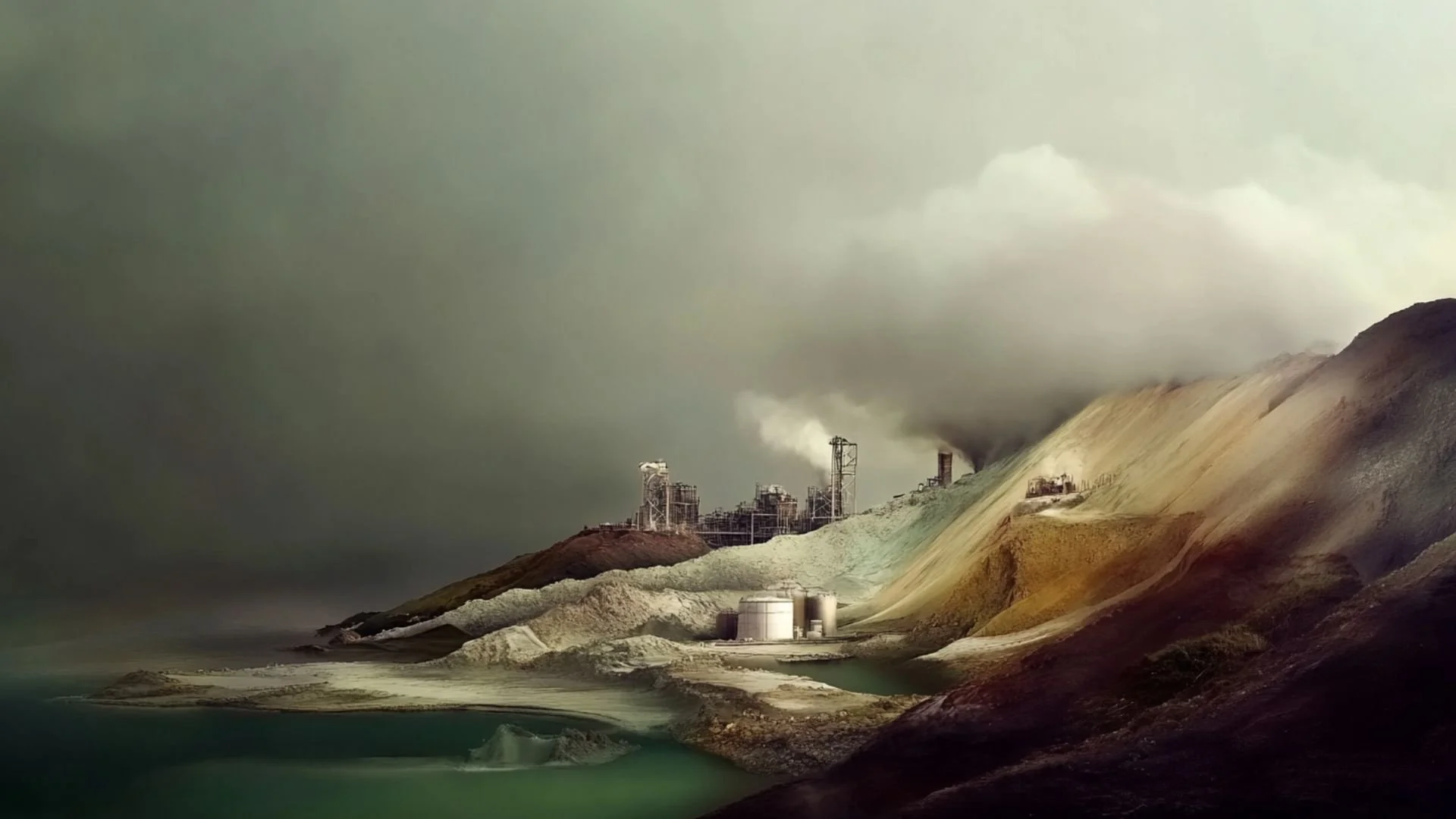 A landscape of environmental pollution with chemical factories emitting smoke, surrounded by industrial infrastructure and pools of contaminated water.